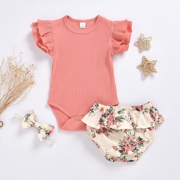 

newborn infant baby girls ruffles romper floral shorts headbnads outfits, White