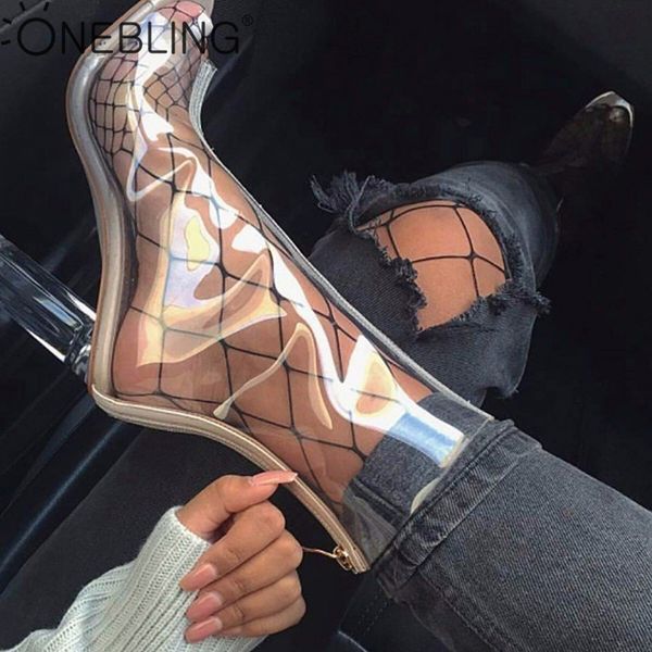 

onebling 11.5cm clear pvc transparent zipper block heeled ankle boots 2019 summer spring peep toe high heels crystal women boots, Black