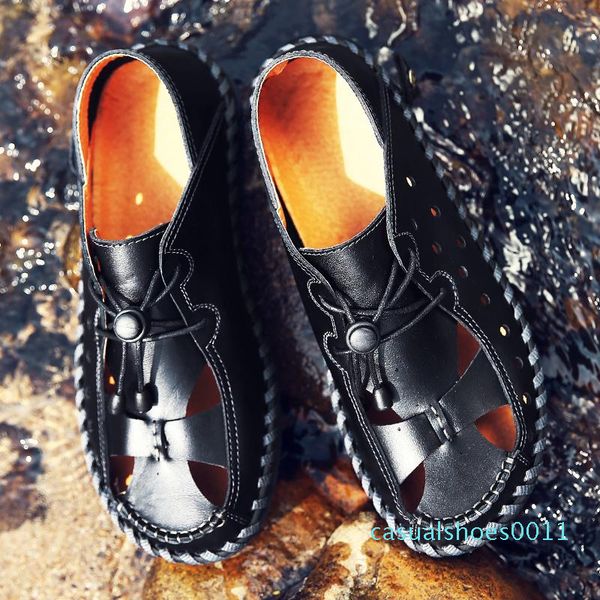 

mens shoe summer slippers men genuine leather breathable sewing handmade sandals beach slippers sandalias hombre sandale hommes 5 11c, Black