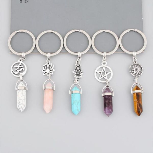 

1pc natural quartz stone keychain yoga om pendant keyring women handbag gift handmade jewelry supplies e2505-e2509, Silver