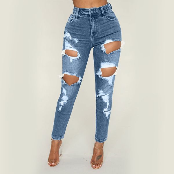 

2019 fashion ladies bravo wonderful jeans denim hole ripped jeans female high waist stretch slim pencil pants, Blue