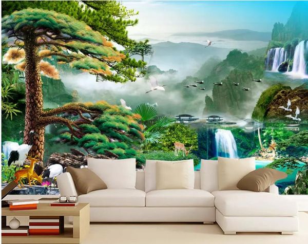 

window mural wallpaper beautiful chinese landscape painting welcoming pine tv background wall painting