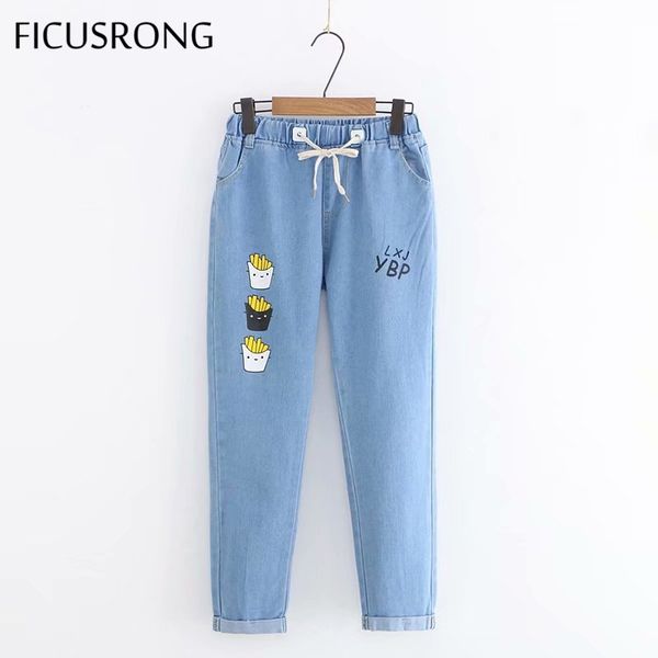 

2020 new spring women fashion casual cartoon print jeans trousers lady drawstring elastic waist pencil pants ficusrong, Blue