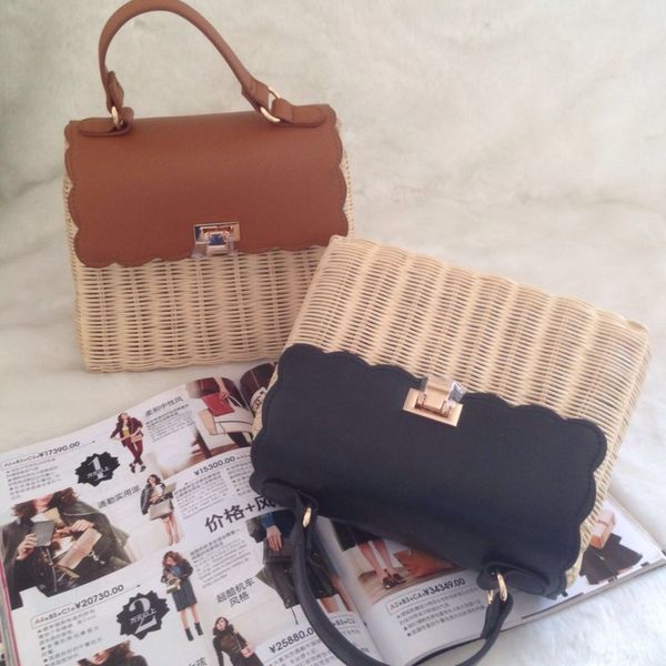 

new leather straw woven patchwork tote bags handmade woven rattan handbag women shoulder bags vintage crossbody bag