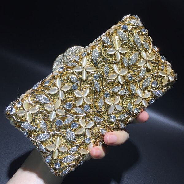 

cat's eye diamond four-leaf flower diamond bag with holes metal crystal evening bag handmade set women's