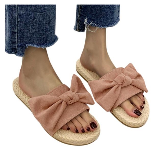 

women's slippers bowknot straw outdoor lady slipper summer slip-resistant flat comfortable beach sandals indoor shoes flops#0518, Black
