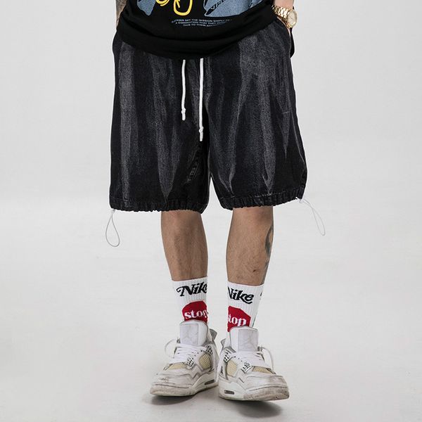 

men's jeans male streetwear hip hop vintage fashion shorts summer drawstring loose casual washed denim wide leg cargo, Blue