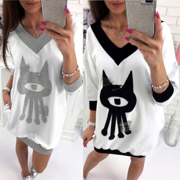 

hirigin 2017 women&girls dresses cute printed v-neck long sleeve cartoon print mini dresses pullover autumn warm outwear, Black;gray