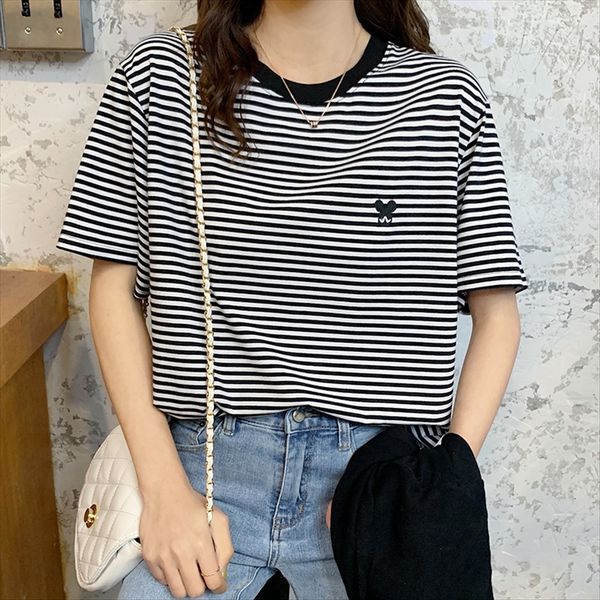 

2020 short-sleeved classic striped women's loose ins fashion 2020 short-sleeved classic striped cotton t-shirt women's loose cotto, White