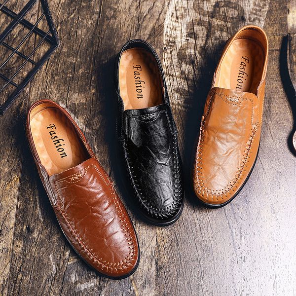 

big size 38-46 mens driving shoes casual large men loafers leather man moccasins light soft slip on boat shoes, Black