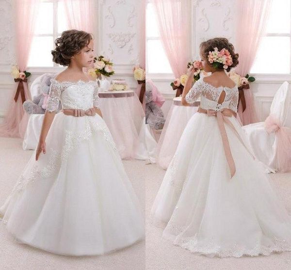 

2019 new white lace flower girl gowns off shoulder half sleeves keyhole corset back bow sash beads girls party dresses, White;blue