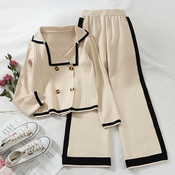 

2020women two piece set and pants stripe double-breasted sweater + high-waisted wide-leg casual pants knitted suit, White