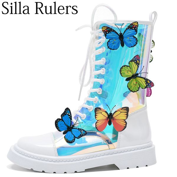 

2019 runway autumn magic color transparent ankle boots woman round toe colour butterfly lace up low heels boots woman, Black