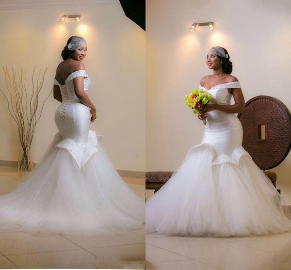 

Elegant Off Shoulder Mermaid Wedding Dresses Ruffle Sleeveless Beads Arab Bridal Dress Sweep Train Real Image Lace Up Wedding Gowns MZ