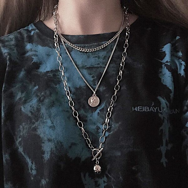 

new fashion multilayer silver color metal chain cross necklace couple hip hop punk geometric pendant necklaces for women men