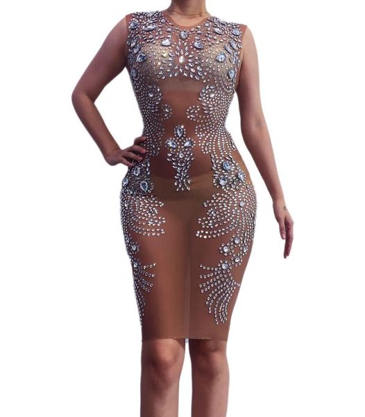 

fashion silver stones mesh transparent dress rhinestones see through stretch dress singer women's birthday celebrate, Black;red