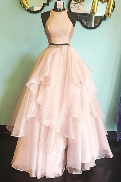 

blush two pieces prom evening dresses jewel neck ball gown organza beaded crystals long formal pageant dress celebrity designer, Black