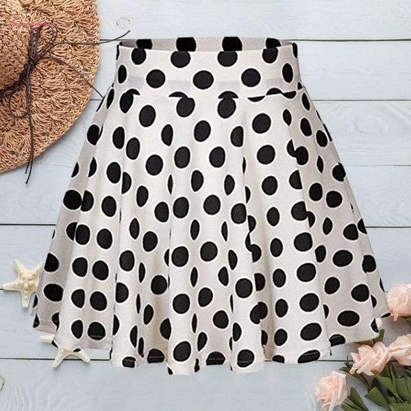 

fashion polka dot skirts for women casual elastic high waist mini skirt rockabilly party skater pleated vintage skirt, Black