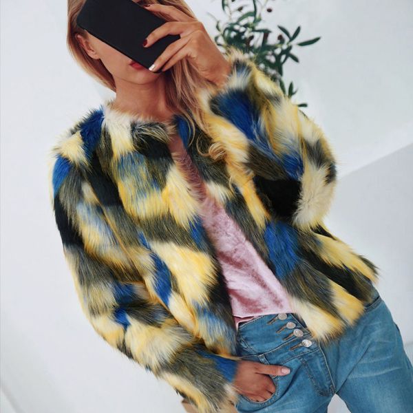 

new autumn winter colorful faux fur coat women elegant casual outwear fashion slim streetwear patchwork fur jacket coat, Black