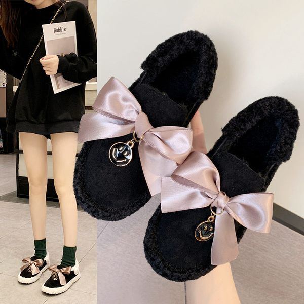 

korean shoes women's moccasins bow-knot slip-on casual female sneakers round toe loafers fur 2019 winter butterfly slip on new, Black
