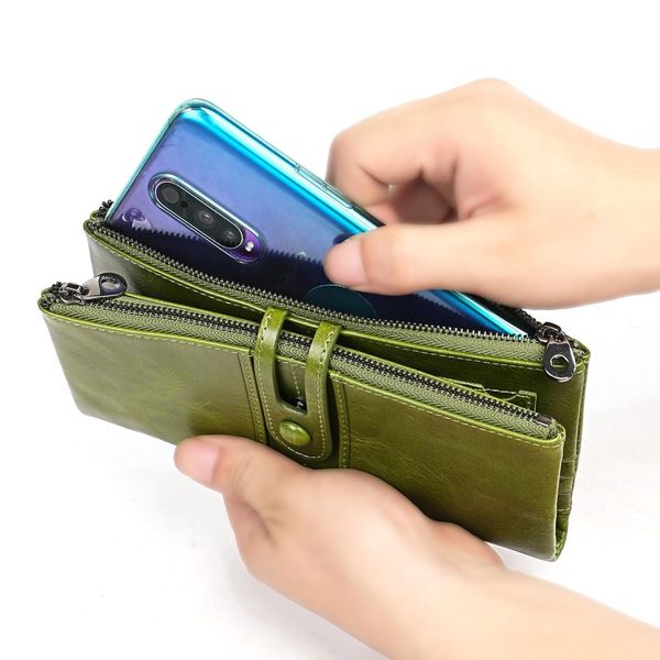 

genuine leather women long wallet with double zipper phone pocket coin purse bank card holder female clutch wallet camera card, Red;black