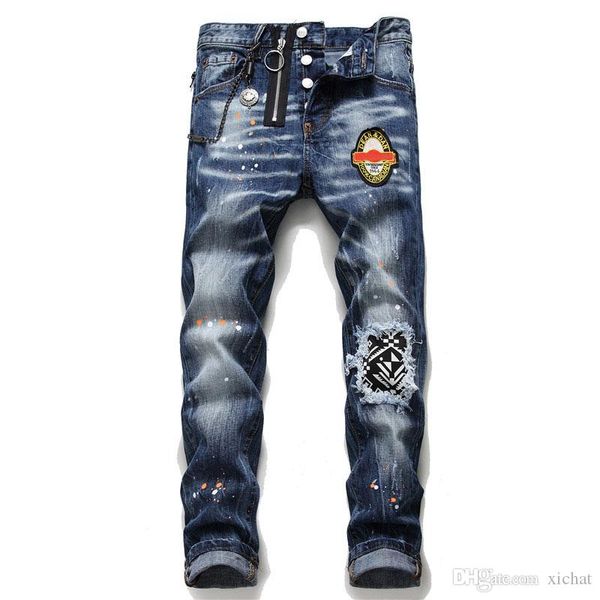 

unique mens badge painted slim fit jeans fashion designer skinny washed motocycle denim pants panelled hip hop biker trousers 1053, Blue
