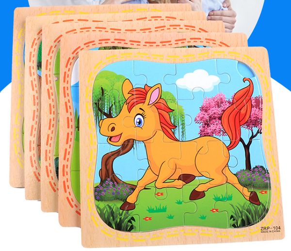 

16pcs wooden pattern puzzle blocks toys recognize animals traffic tools classic educational intelligence development toys for kids