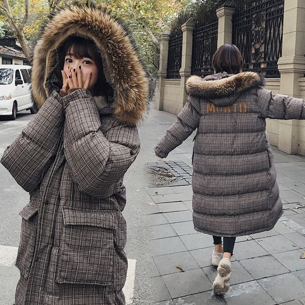 

2019 winter fashion retro pattern cotton-padded clothes/cotton coat england long warm comfortable large fur collar, Blue;black