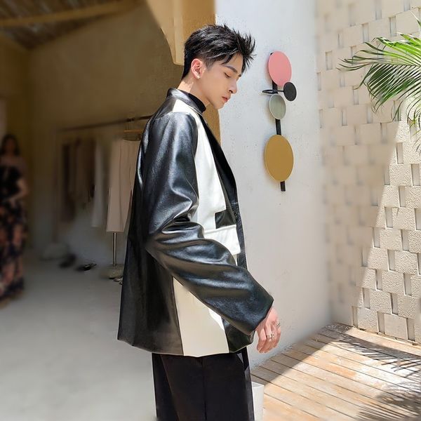 

runway designer mens black white color mixed pu jacket high street bikers coats hip hop loose fit faux leather jackets