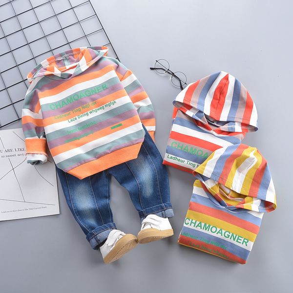 

2019 autumn children clothes suit baby boys girls striped hooded t shirt pants 2pcs/sets kids cotton clothing infant tracksuits, White