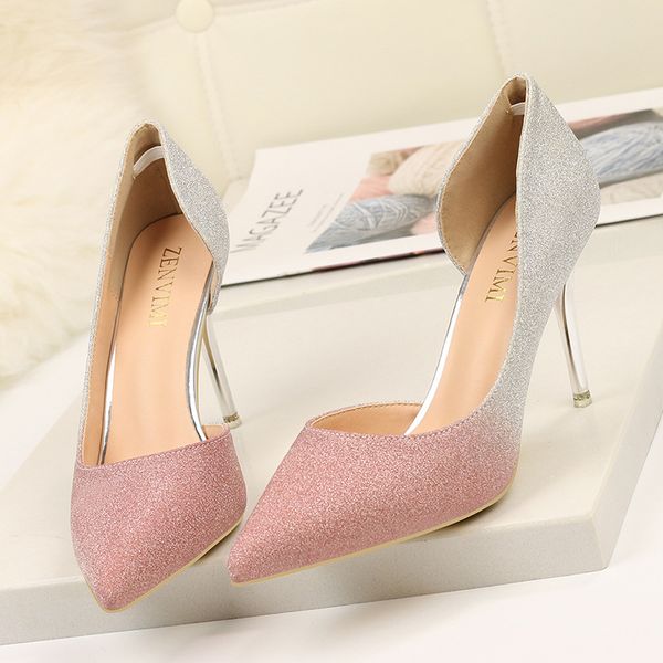 

side empty women stiletto lear side shoes ladies glitter high heels slip-on pointed toes pumps euro gradient shoes lady dress shoes zy271, Black