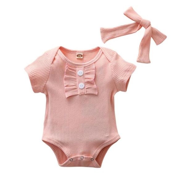 

summer newborn baby girls two-piece short sleeve solid jumpsuit + headband, Blue