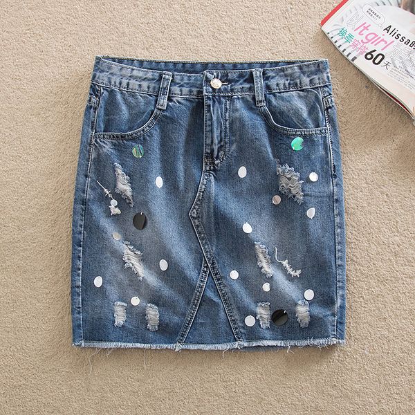 

2019 summer women mini jeans skirt blue denim casual sequined skirts ripped pockets bodycon skirt plus size clothes 2915ly, Black