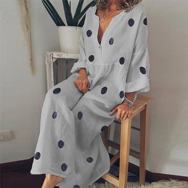 

plus size 5xl print polka dot women cotton linen dress yellow casual loose dress fashion v-neck button shirt, Black;gray