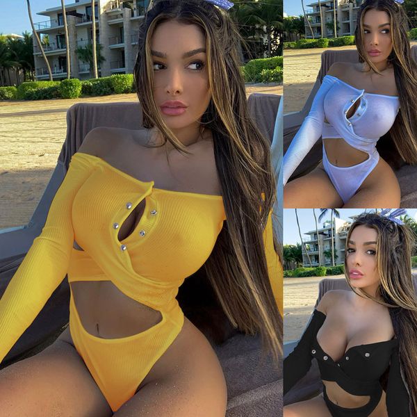 

2020 explosion models beach swimsuit solid color button word shoulder long-sleeved triangular piece swimsuit, White;black