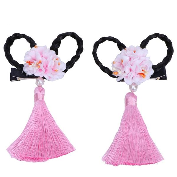 

ancient style children's flowers clips tassels twists bow braids 2pcs one sets, Slivery;white