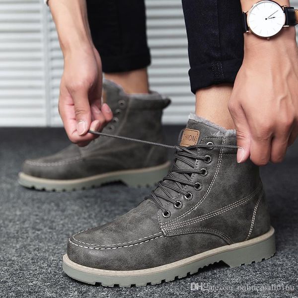 

winter fashion men boots vintage casual men shoes high-cut lace-up warm plush motorcycle snow boots round toe men boots, Black