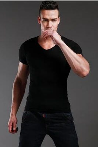 

men's body-hugging v-neck short-sleeved t-shirt fitness sports half-sleeved cotton underwear t-shirt, Black;brown