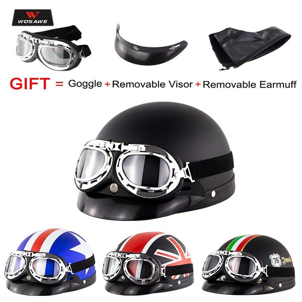 

wosawe motorcycle helmet half face helmet with goggles visor earmuff ear cold protection scooter vintage retro moto