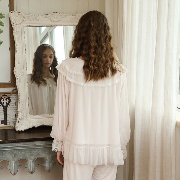 

2019 autumn lace princess pajama set vintage cotton sleepwear women long sleeves pajama white night wear home suit lounge set, Black;red