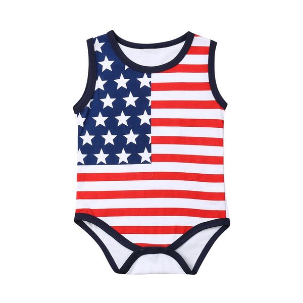 

baby boy stars rompers girl o-neck striped sleeveless rompers american flag independence national day usa 4th july kids printing costume, Blue