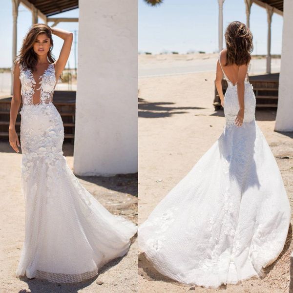 

милла нова 2019 великолепные свадебные платья русалка sheer v-образным вырезом с кружевом аппликация свадебные платья с открытой спиной боге, White