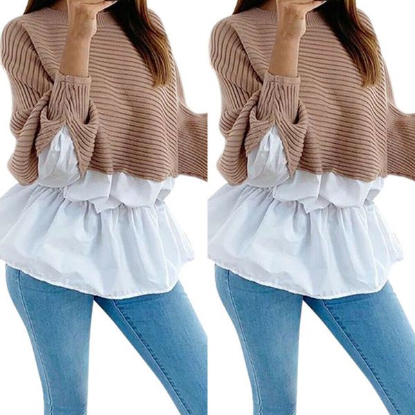 

женские дамы с длинным рукавом качели рубашки топы женщины шить мешковатые свободные футболки круглый вырез тройники топы женские заплатанны, White