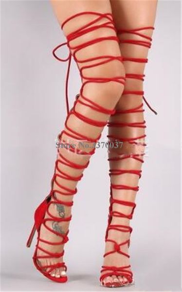 

new fashion women open toe suede leather over knee thin heel gladiator boots lace-up strap cross long high heel sandal boots, Black