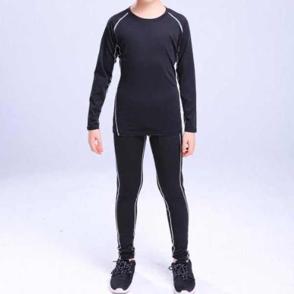 

boys high elastic sports 2pcs running suits children breathable quick dry anti sweat tight 2 pcs fitness kids long sleeve sets, Black;blue