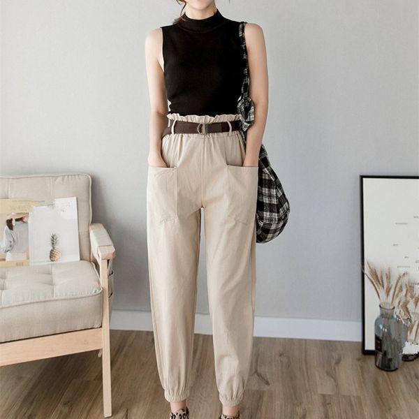 

women 2019 summer fashion high waist harem pants streetwear solid loose casual trousers cargo pants sweatpants, Black;white