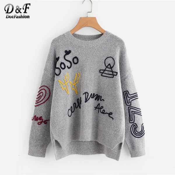 

dotfashion grey braided embroidery stepped hem womens sweaters autumn casual clothing long sleeve oversized pullover jumpermx190926, White;black