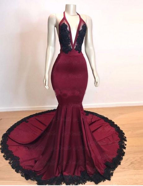 

Sexy Burgundy Mermaid Prom Dresses Deep V Neck Illusion Bodice Appliques Satin Black Sexy Backless Evening Dresses Party Dresses