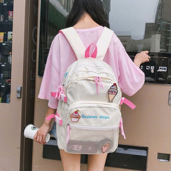 

harajuku kawaii embroidered canvas women's backpack large capacity school bags for girls cute travel backpack mummy bag mochila