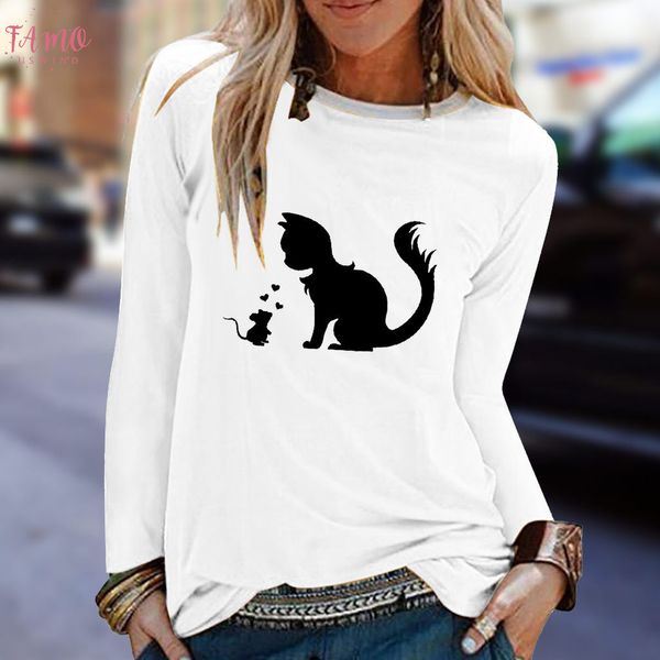 

2019 cap sleeve тенниска женщины повседневная cat печати o шею длинным рукавом свободные тенниска haut camiseta mujer топ женщины harajuku, White